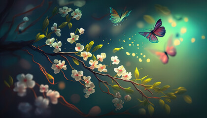 butterfly on the white orange flowers butterfly flying to a cherry branch blossom glowing