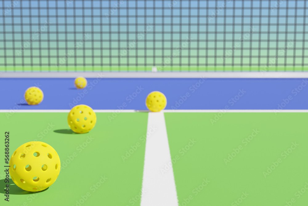 Wall mural yellow pickleballs on a sports court. 3d rendering