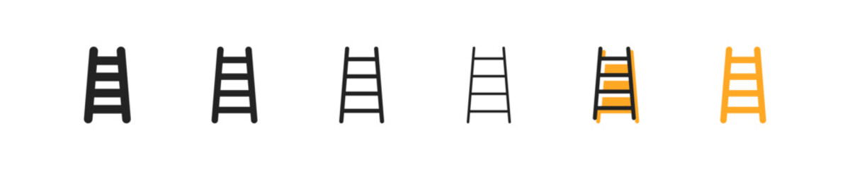 Staircase set of six icons in different styles. Height, ladder, rise, reach heights, career ladder, success, repair, construction. Tools concept. Set of vector images on a white background.