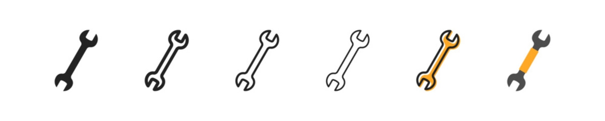 Wrench set of six icons in different styles. Repair, service, repair, tighten, unscrew, nut, car service, engineer, technology, settings, parameters. Tools concept. Set of vecor icons