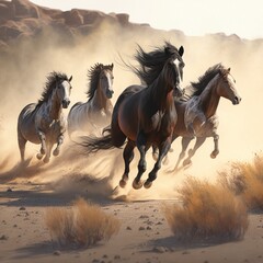A group of wild horses galloping across a desert