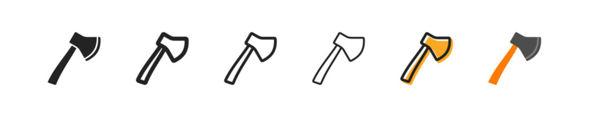 Ax set of six icons in different styles. Chop, bark. tree, lumberjack, lumberjack, build, harvest wood, heat the stove, forestry,felling.Tools concept. Set of vector icons isolated on white background