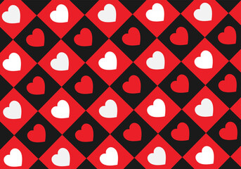 Seamless pattern Red and white hearts on red and black square vector icons for Valentine's day background.