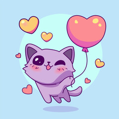 celebrating valentine's day, illustration of a cute chibi cat in love, cartoon in kawaii style, heart illustration with outlines, kitten holding a heart-shaped balloon