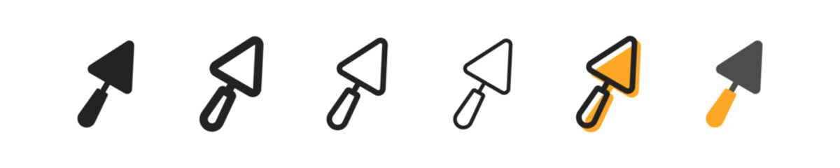 trowel set of six icons in different styles. Repair, construction, cement, masonry, walls, foundation, work, builder, repair, wall leveling, trowel, cement. Tools concept. Set of vector icons isolated