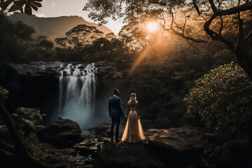 Wedding Photography: picturesque scene of couple standing infront of cascade in lush jungle, bride in sleeved lace gown and the groom in a blue suit, expressing the beauty and grace of the moment, AI