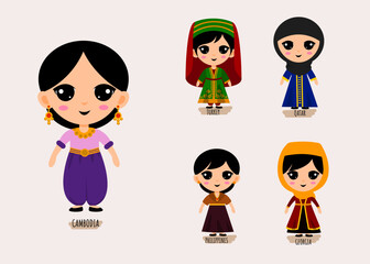 Set Of People In Traditional Asian Clothing cartoon characters
