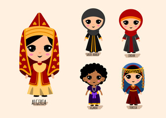 Set Of  woman  In Traditional Western Asia Clothing cartoon characters