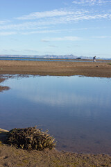 Puddle with sand and a person walking in the distance