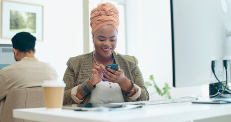 Business phone, office and black woman laughing at funny meme, joke or comedy on social media....