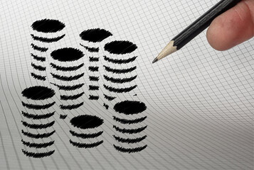 Pension cash coins icon on chart paper with hand holding pencil