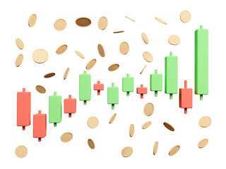 3D Bullish Candlestick graph chart of stock and money coin on white background, Minimal concept trading cryptocurrency, Market investment trading, exchange, candle, stick, trade, forex. 3D rendering.