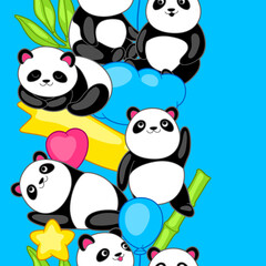 Naklejka premium Seamless pattern with cute kawaii little pandas. Funny characters and decorations in cartoon style.