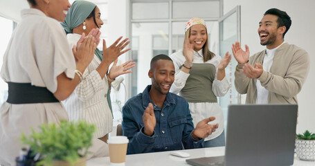 Success, applause and black man with proposal in office at startup business with proud team....