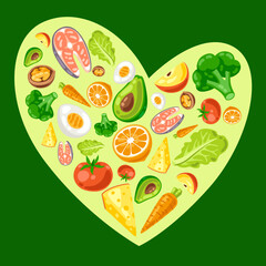 Background with healthy eating and diet meal. Fruits, vegetables and proteins for proper nutrition.