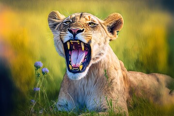 A roaring lioness yawns, her tongue lolling out, and the grassy field in the background makes for a great comic relief. Generative AI - obrazy, fototapety, plakaty
