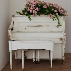 Elegant old white piano with broken keys decorated with flowers. Classic interior - generative ai 