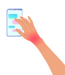 Vector illustration of hand with carpal tunnel syndrome using smartphone