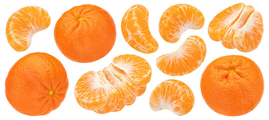 Mandarin orange fruits isolated on white background, collection