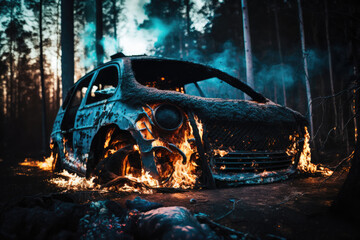 A new modern car burning in flames in a city park during a gang war, such as Stockholm suburbs, copy space, generative AI