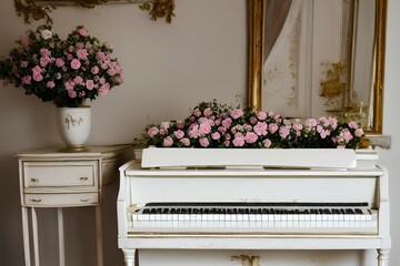 Elegant old white piano with broken keys decorated with flowers. Classic interior - generative ai 