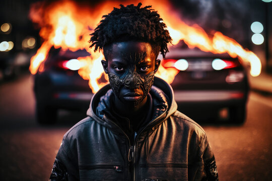 Gang war in a ghetto such as Stockholm - a black teenage boy with a burning car in fire flames in the background after migration crisis, copy space, generative ai