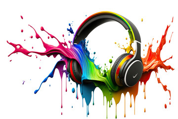 Headphones with rainbow splash. Conceptual illustration for music concert or festival.  Isolated design element on the transparent background. Generative AI. - obrazy, fototapety, plakaty