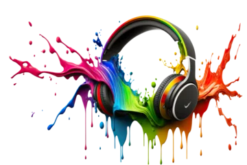 Foto auf Leinwand Headphones with rainbow splash. Conceptual illustration for music concert or festival.  Isolated design element on the transparent background. Generative AI. © KsanaGraphica