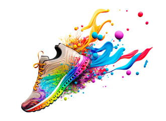 Sport shoes with color paint splash. Conceptual  illustration for marathon or jogging or run festival. Isolated design element on the transparent background. Generative AI.