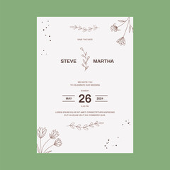 Floral wedding invitation template organic hand drawn leaf decoration simple minimalist style