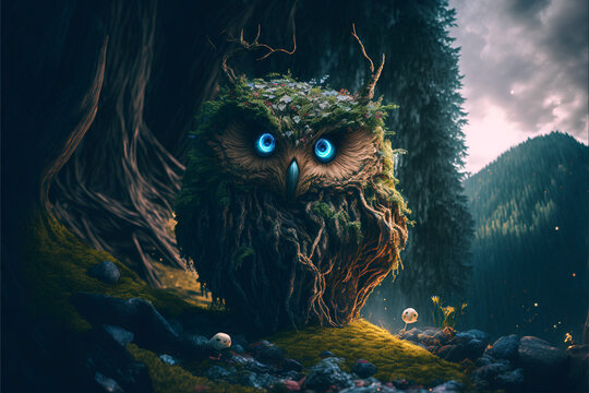An owl in the forest. Fantasy background.