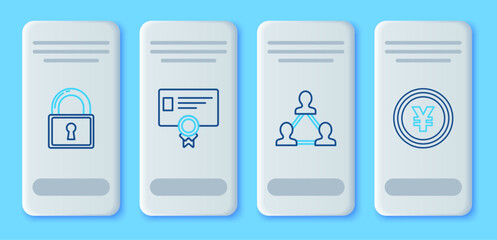 Set line Certificate template, Project team base, Lock and Coin money with Yen symbol icon. Vector