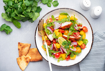 Grilled chicken salad with mango salsa, tomato, cilantro, red onion and lettuce in mexican style,...