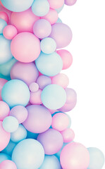 Colorful balloons background, punchy pink and mint pastel colored and soft focus. Party festive balloons photo wall birthday decoration for children. Background for wedding, anniversary, birthday.
