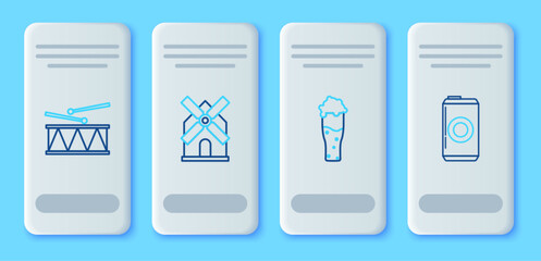Set line Windmill, Glass of beer, Musical instrument drum and drum sticks and Beer can icon. Vector