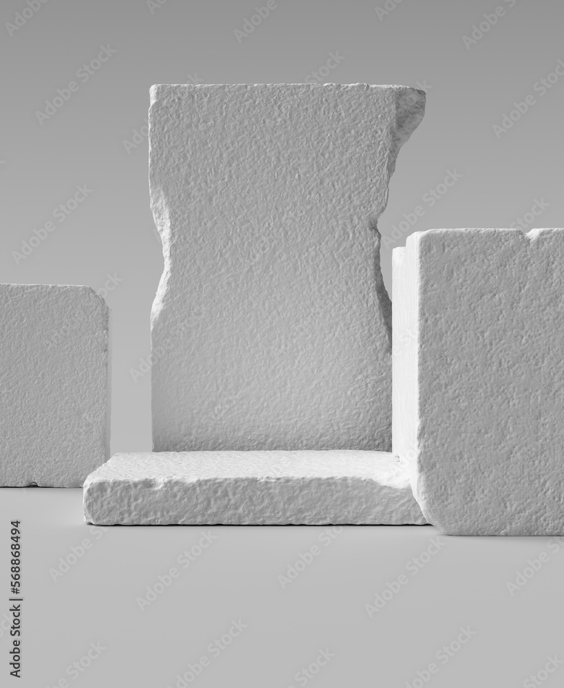 Poster white pieces of stone wall with broken textured edges, debris stone slabs for product display backgr