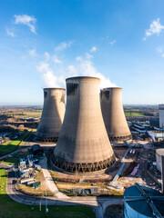 Vertical aerial view of cooling towers at a power plant
