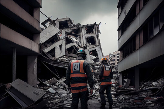 Rescuers in uniform and helmets dismantle the rubble of houses after the earthquake, the ruined city and multi-storey buildings, disaster, the consequences of a strong earthquake. Generative AI