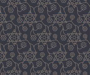 Oriental ornate seamless pattern with Jewish star and flower outline style vector illustration