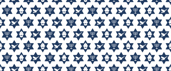 Seamless pattern with symbols of Judaism, star of David, menorah , hand hamsa and dove symbol of peace vector illustration