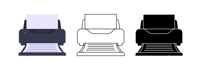 Set printers with a sheet of paper icon in different styles flat, line and silhouette vector illustration