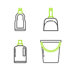Set line Bucket, Plastic bottles for liquid dishwashing liquid, Dustpan and icon. Vector