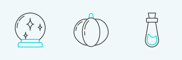 Set line Bottle with potion, Magic ball and Pumpkin icon. Vector