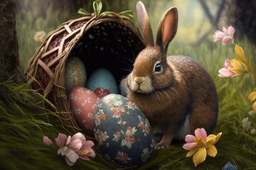 Cute easter illustrations with the bunny and colorful eggs in the basket by generative ai