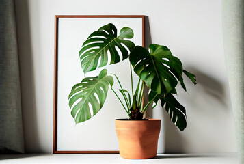 Generative AI illustration large leaf house plant Monstera deliciosa in a brown pot on a white background