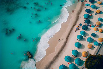 Generative AI illustration of a aerial view of a beach with turquoise blue waters with umbrellas and people enjoying