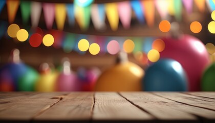 Fototapeta na wymiar Empty wooden table top whit indoor party birthday background blurred, good for product display, by ai generative