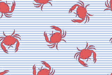 Naklejka premium CRAB DEEP SEA UNDERWATER NAUTICAL SEAMLESS PATTERN WITH STRIPE BACKGROUND VECTOR