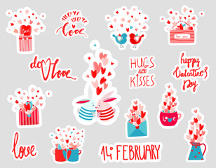 Set of vector stickers of love and Valentine's Day. Cartoon valentine icons with inspirational quotes. Set of trendy inscriptions about love, feelings, emotions, relationships.