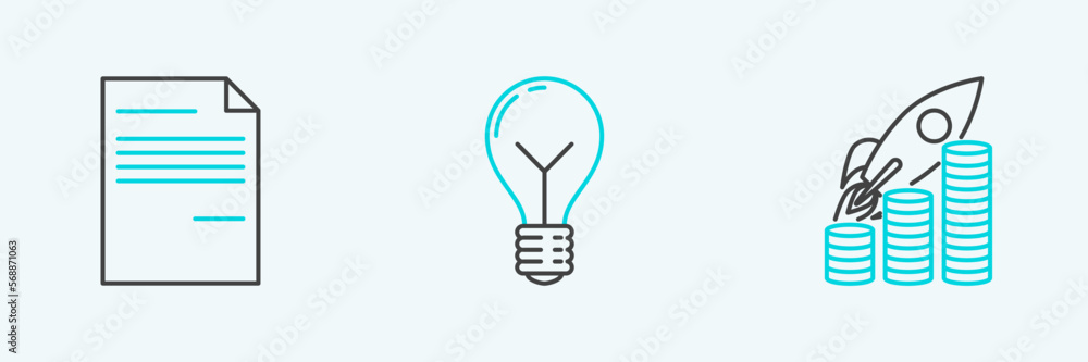 Poster set line rocket flying up on coins growth chart, document and light bulb with concept of idea icon. 
